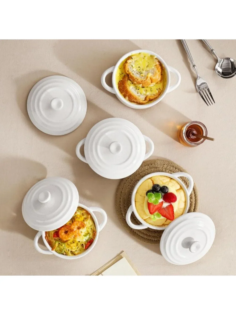 Mini Cocotte Set of 4 - 12oz Ceramic Casserole Dishes with Lids, Oven